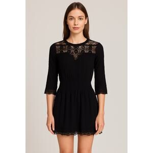 Sea New York Lace Crepe 3/4 Sleeves Elastic Waist Mini Dress Black Women's 2